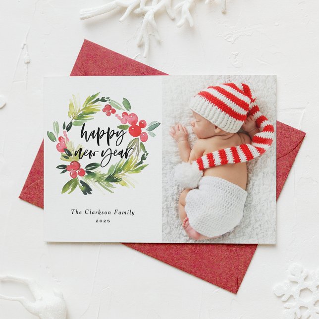 Cartes Pour Fêtes Annuelles Aquarelle Holly Wreath Joyeux Nouvel An 2025 Photo (Watercolor Holly Wreath Happy New Year 2025 Photo Holiday Card)