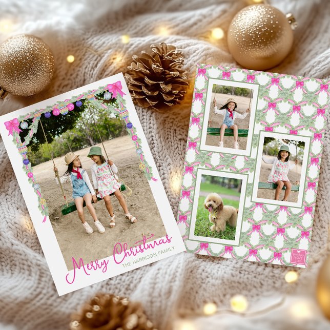 Cartes Pour Fêtes Annuelles Aquarelle Hot Rose Bows Garland Photo de Noël (Créateur téléchargé)