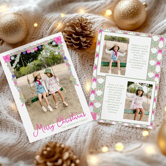 Cartes Pour Fêtes Annuelles Aquarelle Hot Rose Bows Garland Photo de Noël (Créateur téléchargé)