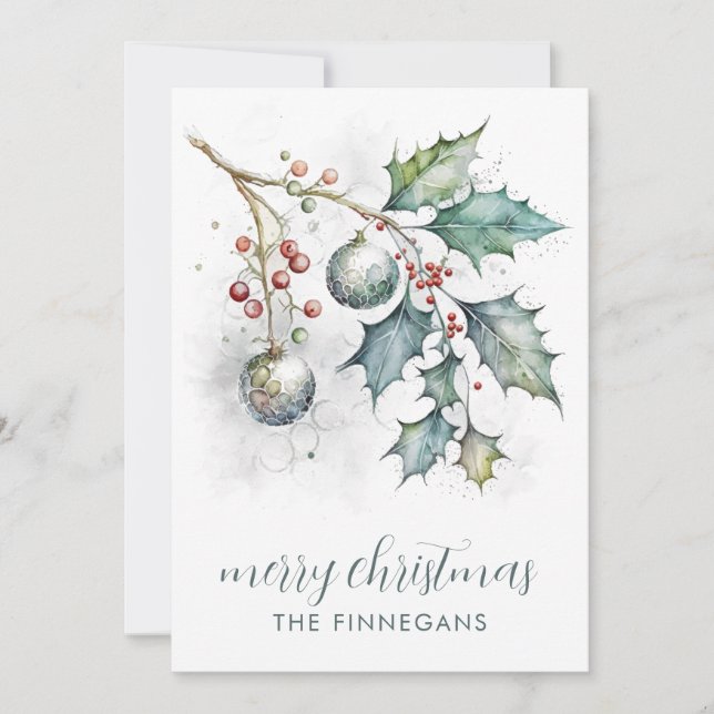 Cartes Pour Fêtes Annuelles Aquarelle houx et ornements de Noël  (Devant)