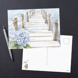Cartes Pour Fêtes Annuelles Aquarelle Hydrangea Bleu Bord de Mer Ponton Côtier