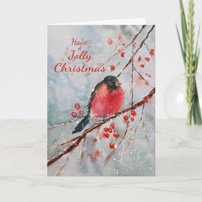 Cartes Pour Fêtes Annuelles Aquarelle Jolly Noël hiver Neige Oiseau rouge (Devant)
