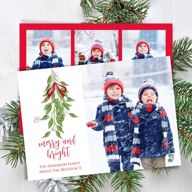 Cartes Pour Fêtes Annuelles Aquarelle Joyeuse et brillante Mistletoe 4 Photo (Merry and Bright Christmas holiday photo card.)