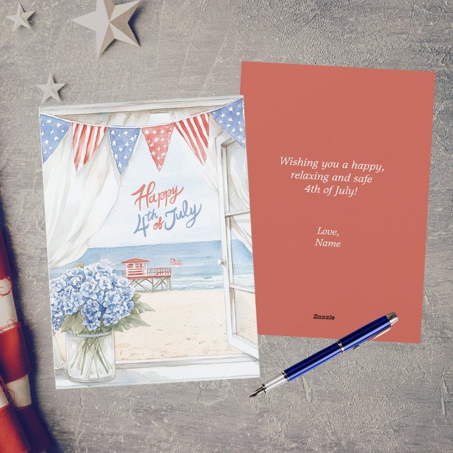 Cartes Pour Fêtes Annuelles Aquarelle Joyeux 4 juillet la côte scène de plage (Créateur téléchargé)
