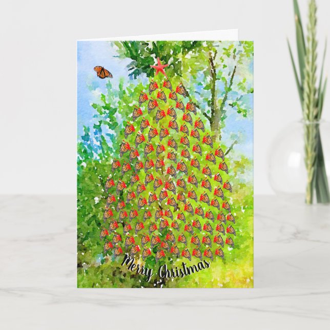 Cartes Pour Fêtes Annuelles Aquarelle Joyeux Arbre à papillons Monarque de Noë (Devant)