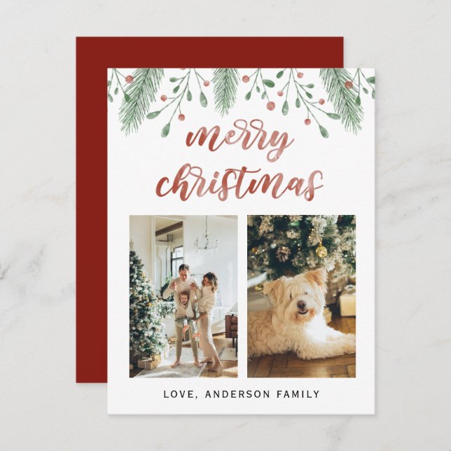 Cartes Pour Fêtes Annuelles Aquarelle Joyeux Noël Calligraphie Deux photos (Devant / Derrière)