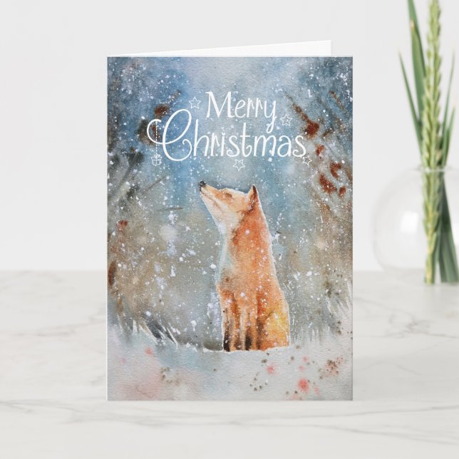 Cartes Pour Fêtes Annuelles Aquarelle Joyeux Noël Loup de neige Woodland (Devant)