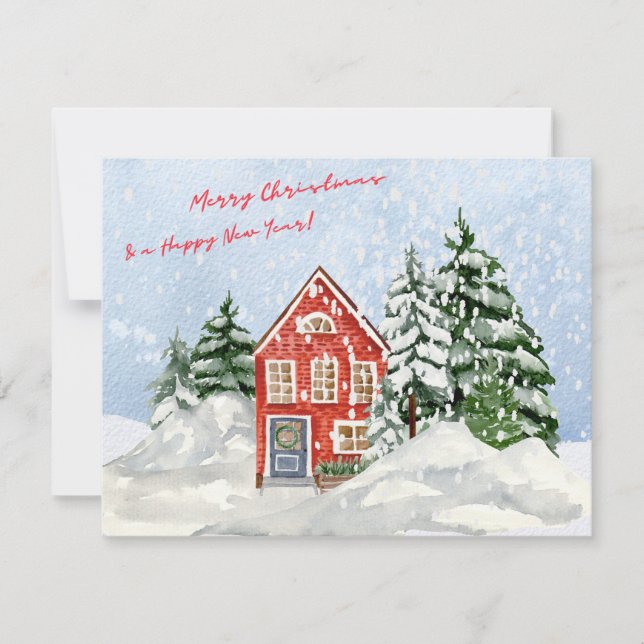 Cartes Pour Fêtes Annuelles Aquarelle Joyeux Noël Maison confortable sous neig (Devant)