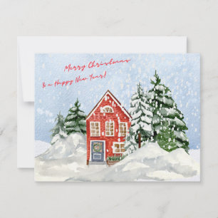 Cartes Pour Fêtes Annuelles Aquarelle Joyeux Noël Maison confortable sous neig