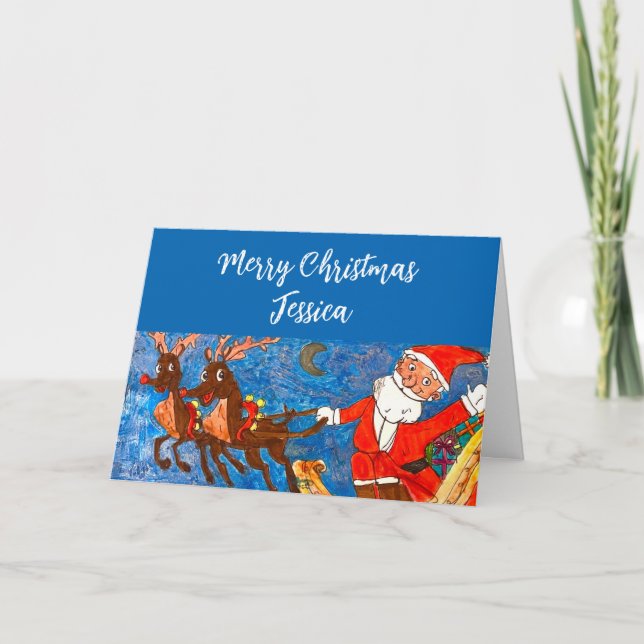 Cartes Pour Fêtes Annuelles Aquarelle Joyeux Noël Père Noël Reindeer fille (Devant)