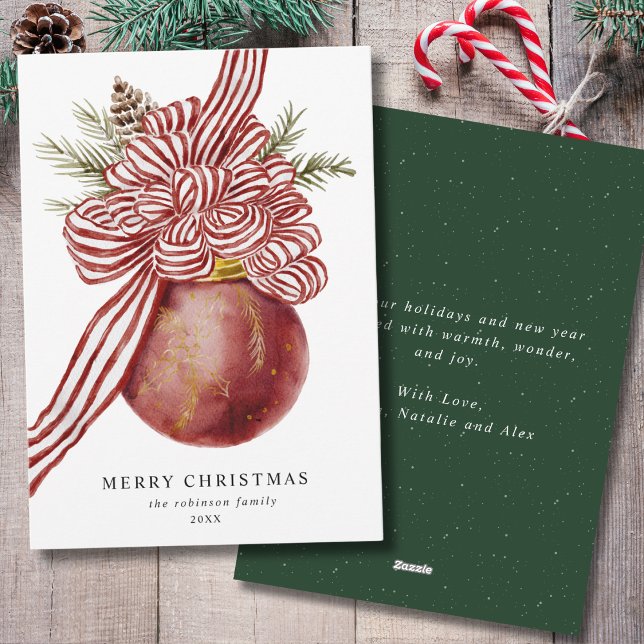 Cartes Pour Fêtes Annuelles Aquarelle Joyeux Noël Rouge Bow Ornement Vert (Créateur téléchargé)