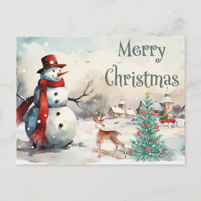 Cartes Pour Fêtes Annuelles Aquarelle Joyeux Noël Snowman (Devant)