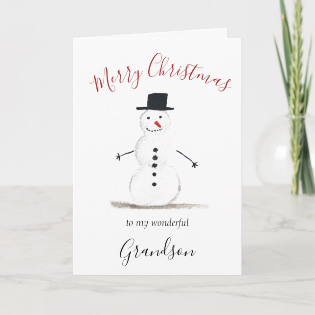 Cartes Pour Fêtes Annuelles Aquarelle Joyeux Noël Snowman Grandson (Devant)