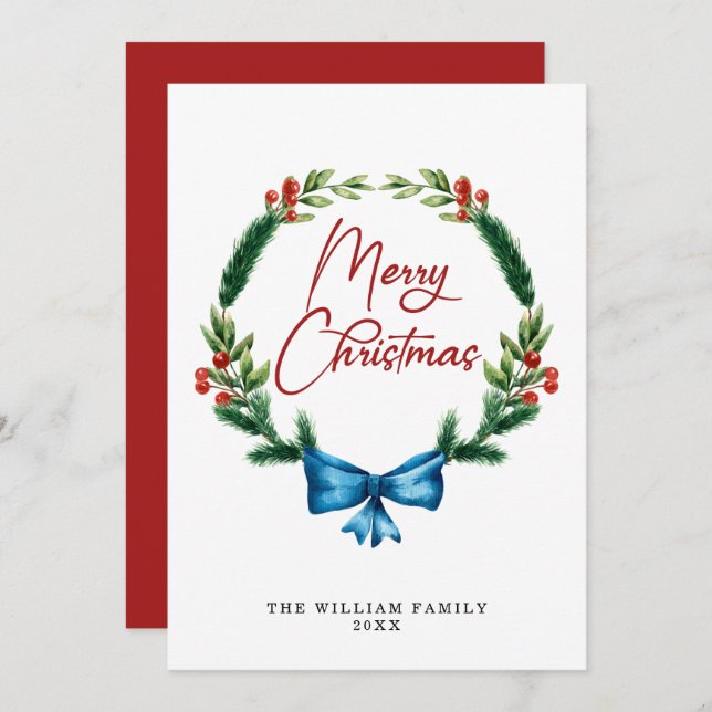 Cartes Pour Fêtes Annuelles Aquarelle Joyeux Noël vert couronne (Devant / Derrière)