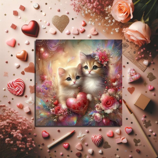 Cartes Pour Fêtes Annuelles Aquarelle Kittens Fleurs Coeurs Valentine (Créateur téléchargé)