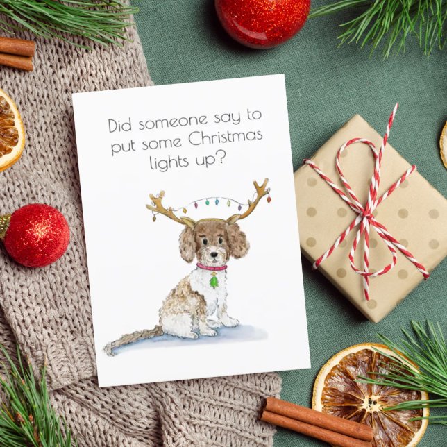 Cartes Pour Fêtes Annuelles Aquarelle Labradoodé Lumières de Noël Antlers (Créateur téléchargé)