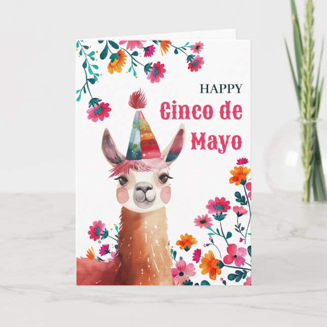 Cartes Pour Fêtes Annuelles Aquarelle Lama Fuchsia Floral Happy Cinco de Mayo (Devant)