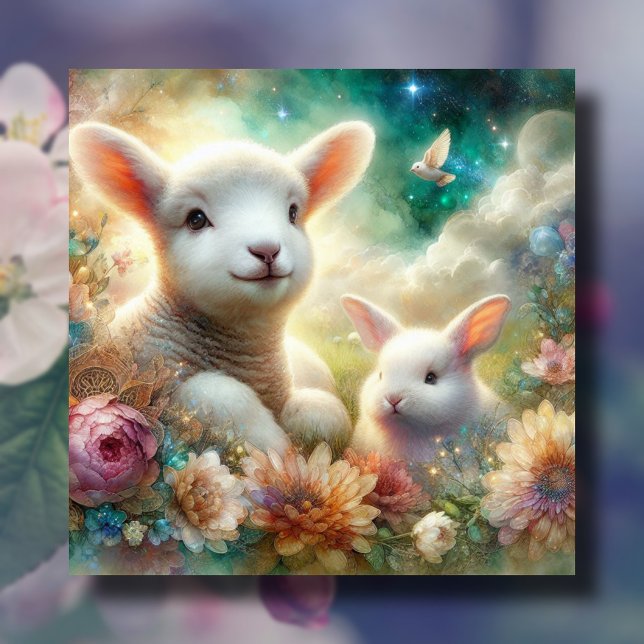 Cartes Pour Fêtes Annuelles Aquarelle Lamb Lapin Fleurs Religieuses Pâques (Créateur téléchargé)