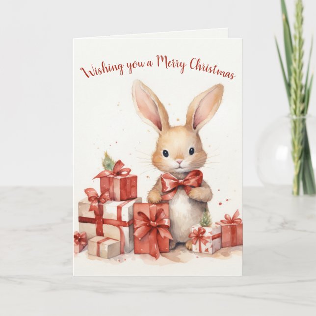 Cartes Pour Fêtes Annuelles Aquarelle Lapin De Noël Avec Cadeaux (Devant)