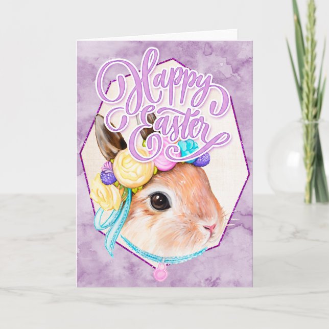Cartes Pour Fêtes Annuelles Aquarelle Lapin de Pâques avec Fleur - Bonne Pâque (Devant)