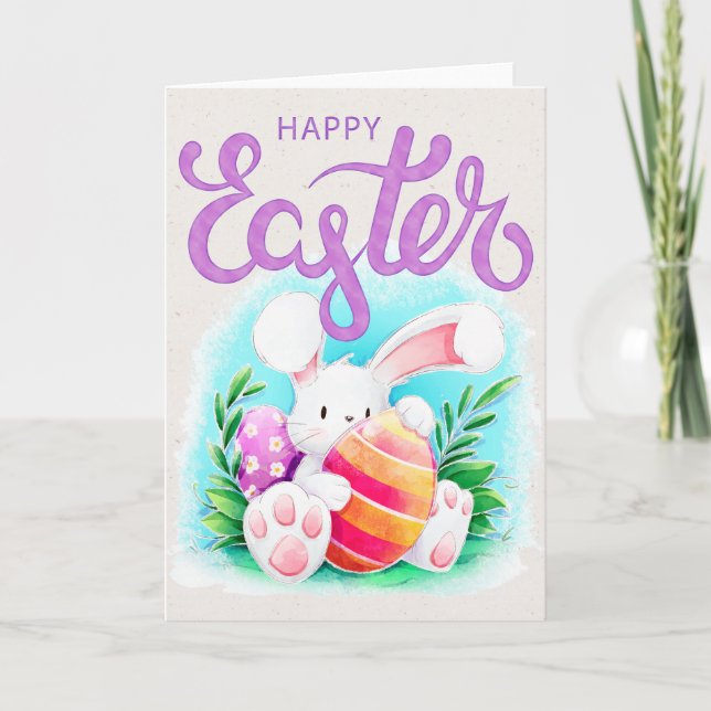 Cartes Pour Fêtes Annuelles Aquarelle Lapin de Pâques avec Oeuf - Joyeux Pâque (Devant)