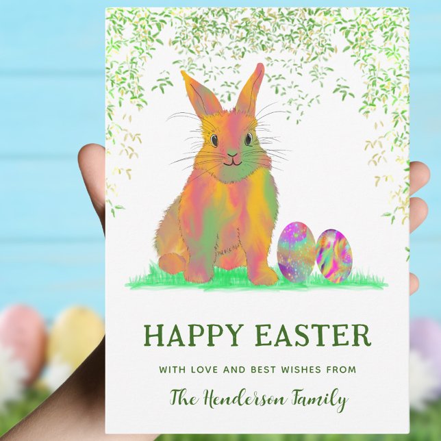 Cartes Pour Fêtes Annuelles Aquarelle lapin et oeufs Joyeux Pâques (Happy Easter cute bunny and eggs watercolor personalized greetings card)