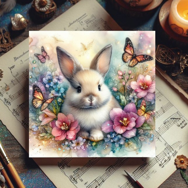 Cartes Pour Fêtes Annuelles Aquarelle Lapin Et Papillons Floral Pâques (Créateur téléchargé)