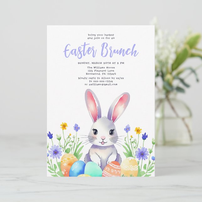 Cartes Pour Fêtes Annuelles Aquarelle Lapin Floral Lapin Pâques Brunch (Debout devant)