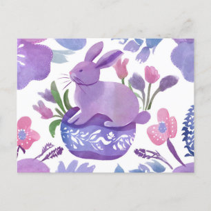 Cartes Pour Fêtes Annuelles Aquarelle Lapin pourpre avec fleurs de printemps