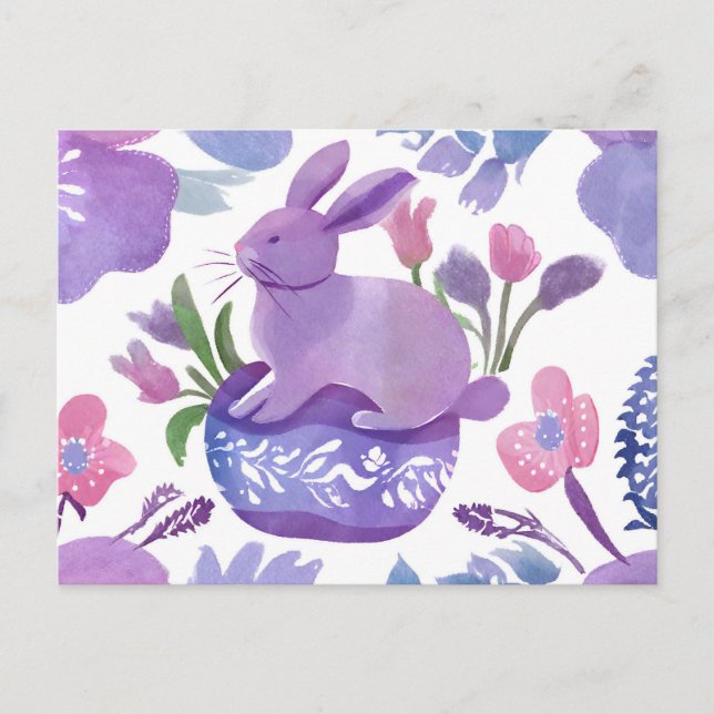 Cartes Pour Fêtes Annuelles Aquarelle Lapin pourpre avec fleurs de printemps (Devant)
