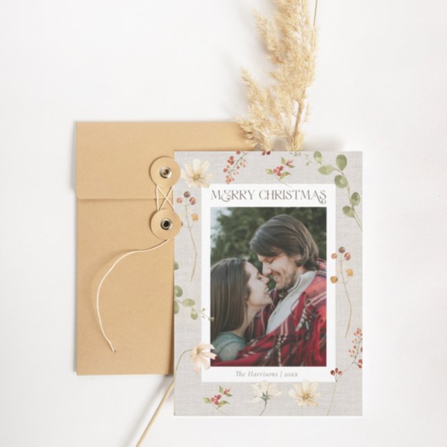 Cartes Pour Fêtes Annuelles Aquarelle lin Floral Joyeux Noël (Créateur téléchargé)