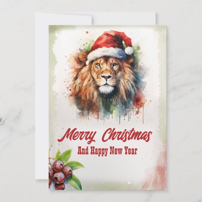 Cartes Pour Fêtes Annuelles Aquarelle Lion Noël (Devant)