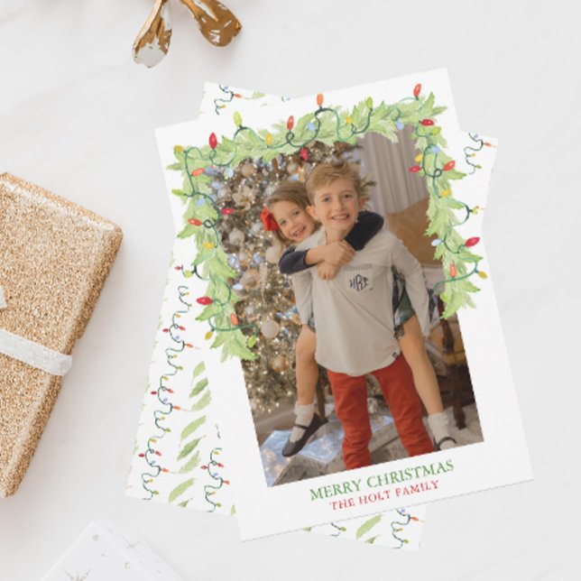 Cartes Pour Fêtes Annuelles Aquarelle lumières de Noël Garland Photo (Créateur téléchargé)