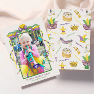Cartes Pour Fêtes Annuelles Aquarelle Mardi Gras Masques King Cake Crown Photo