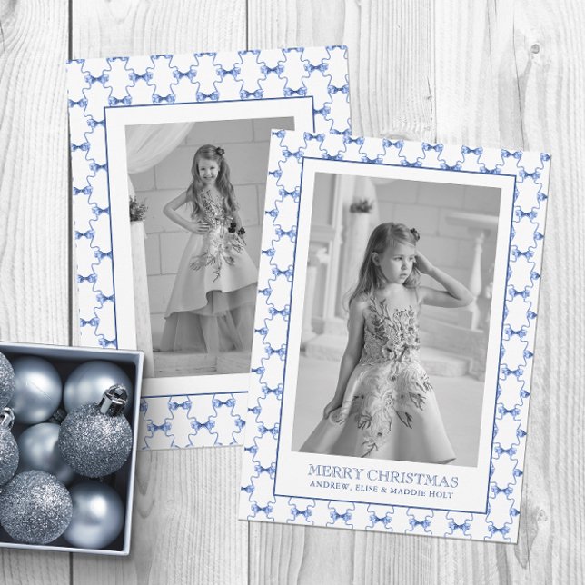 Cartes Pour Fêtes Annuelles Aquarelle Marine Blue Bows Photo de Noël (Créateur téléchargé)