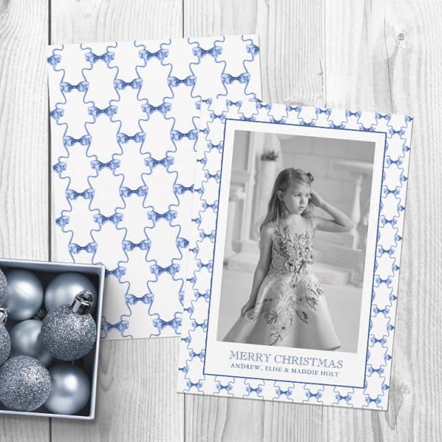 Cartes Pour Fêtes Annuelles Aquarelle Marine Blue Bows Photo de Noël (Créateur téléchargé)