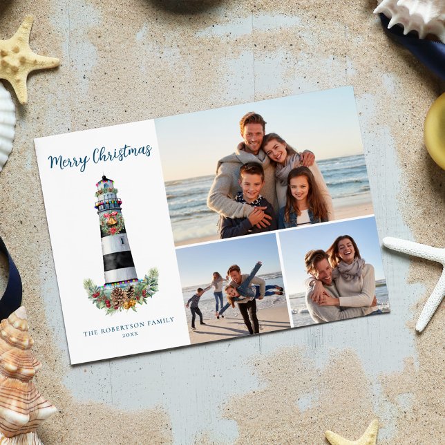Cartes Pour Fêtes Annuelles Aquarelle marine phare de Noël 3 Photo (Créateur téléchargé)