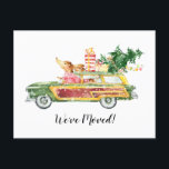Cartes Pour Fêtes Annuelles Aquarelle Mignon Nous Avons Déménagé Noël Fêtes<br><div class="desc">Cartes postales de déménagement sur le thème de Noël représentant une voiture rétro aquarelle mignonne,  remplie de cadeaux,  un chien,  un sapin de Noël,  une dispersion de neige,  des vœux de fêtes,  et votre nouvelle adresse.</div>