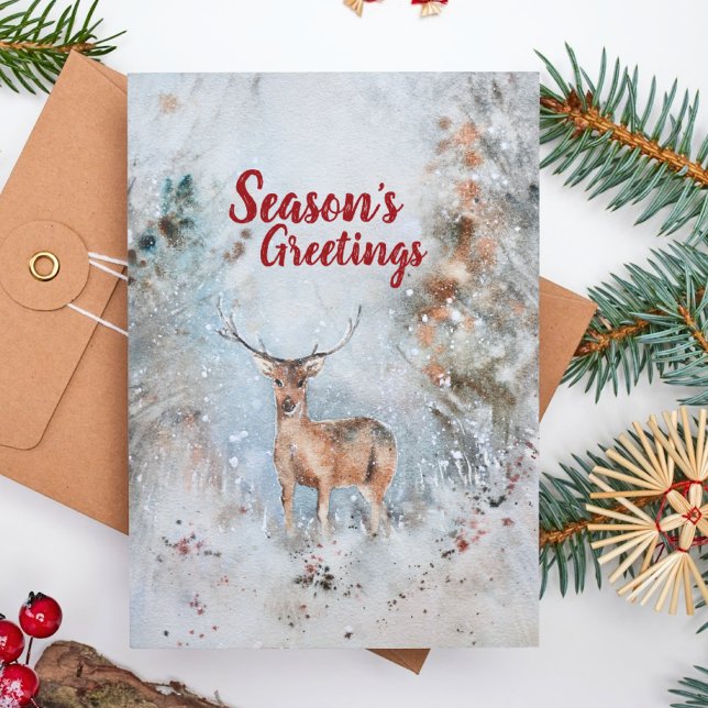 Cartes Pour Fêtes Annuelles Aquarelle mignonne Bébé Reindeer Forêt hivernale n (Créateur téléchargé)