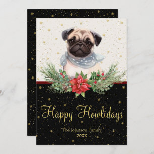 Cartes Pour Fêtes Annuelles Aquarelle mignonne Carlin chien heureux Howlidays