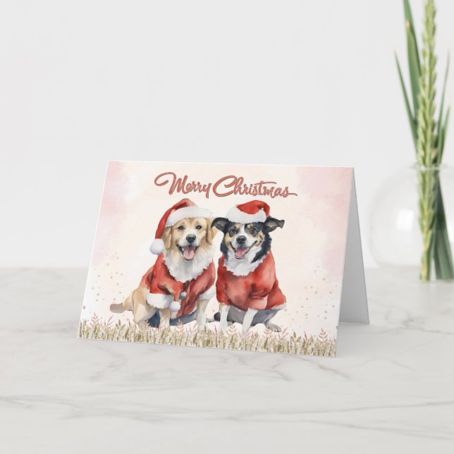 Cartes Pour Fêtes Annuelles Aquarelle mignonne Chiens Joyeux Noël (Devant)