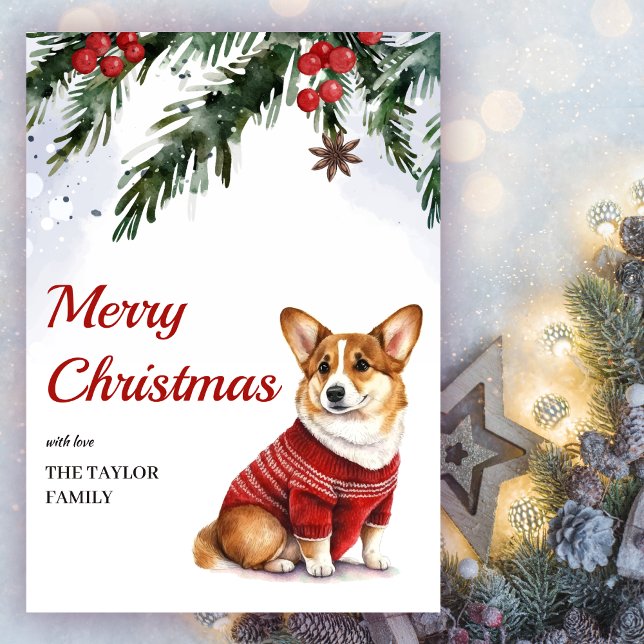 Cartes Pour Fêtes Annuelles Aquarelle mignonne corgi chien Joyeux Noël (Créateur téléchargé)