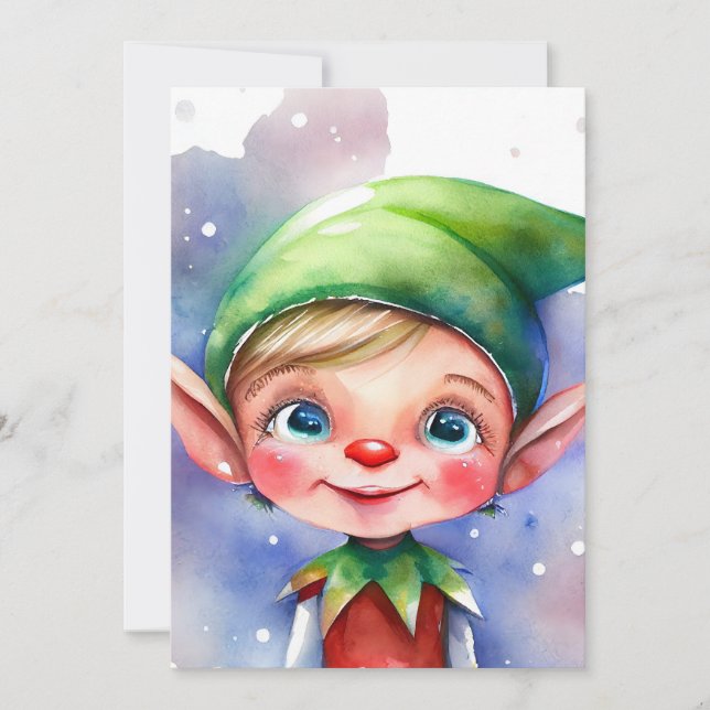 Cartes Pour Fêtes Annuelles Aquarelle mignonne Elfe de Noël aux oreilles longu (Devant)