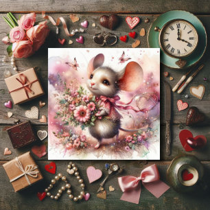 Cartes Pour Fêtes Annuelles Aquarelle mignonne Saint Valentin Souris Fleurs ro