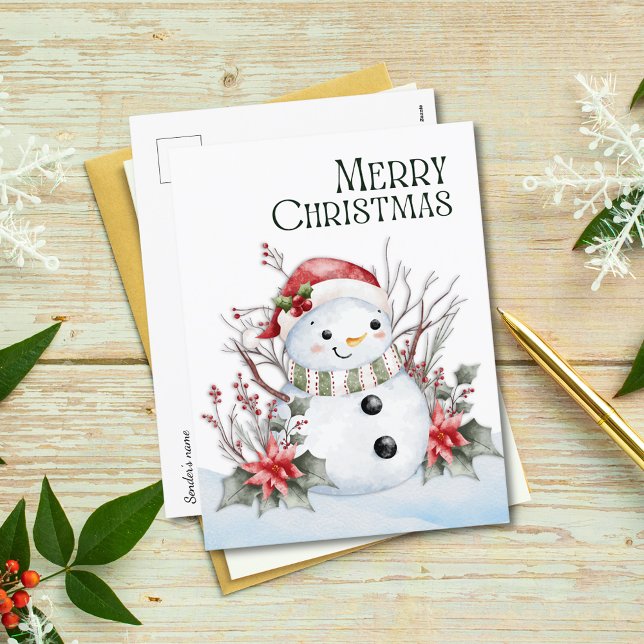 Cartes Pour Fêtes Annuelles Aquarelle mignonne Snowman avec Santa Hat & Floral (Créateur téléchargé)