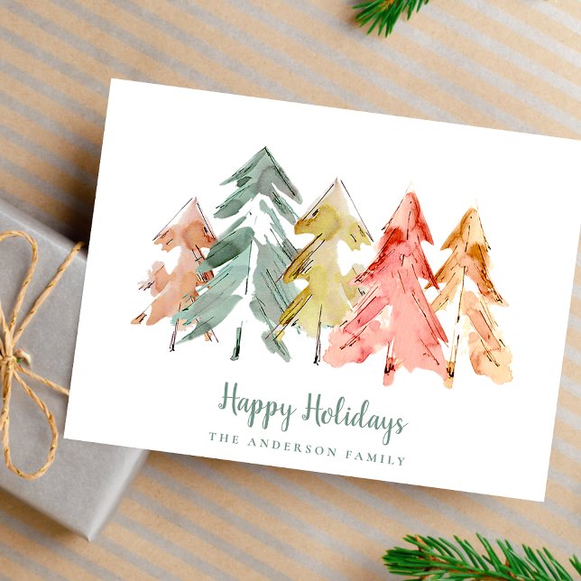 Cartes Pour Fêtes Annuelles Aquarelle minimale des pins de Noël (Créateur téléchargé)