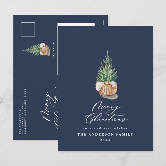 Cartes Pour Fêtes Annuelles Aquarelle minimale moderne bleu marine Noël (Devant / Derrière)