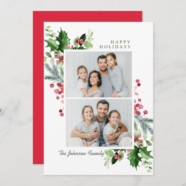 Cartes Pour Fêtes Annuelles Aquarelle Mistletoe Holly Berry Noël 2 PHOTO (Devant / Derrière)