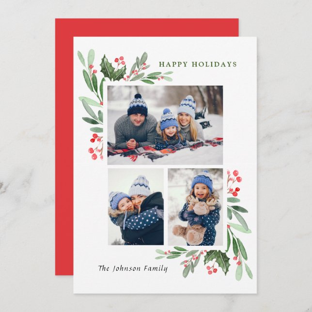 Cartes Pour Fêtes Annuelles Aquarelle Mistletoe Holly Berry Noël 3 PHOTO (Devant / Derrière)