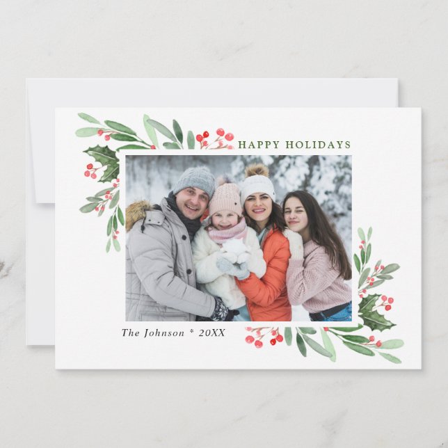 Cartes Pour Fêtes Annuelles Aquarelle Mistletoe Holly Berry Photo de Noël (Devant)